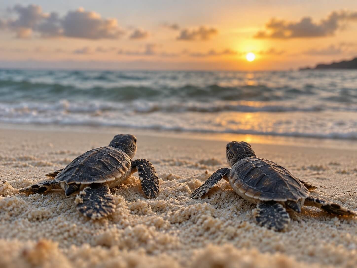 Two baby sea turtles on a Cabo beach at sunset