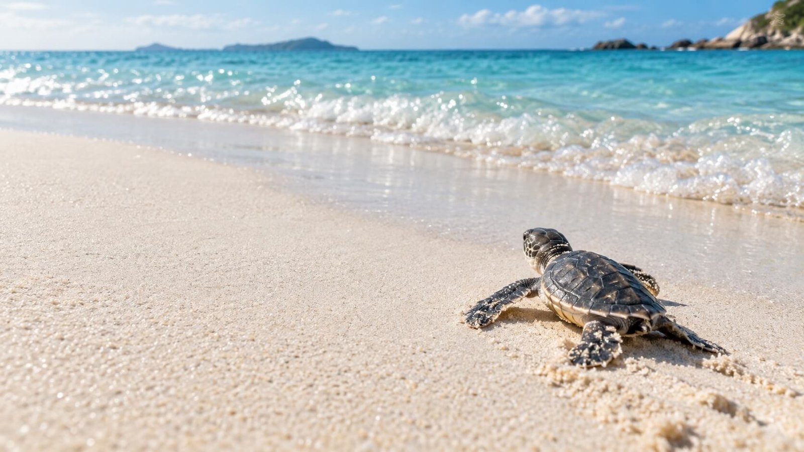 Baby sea turtle on a sunlit beach in Cabo